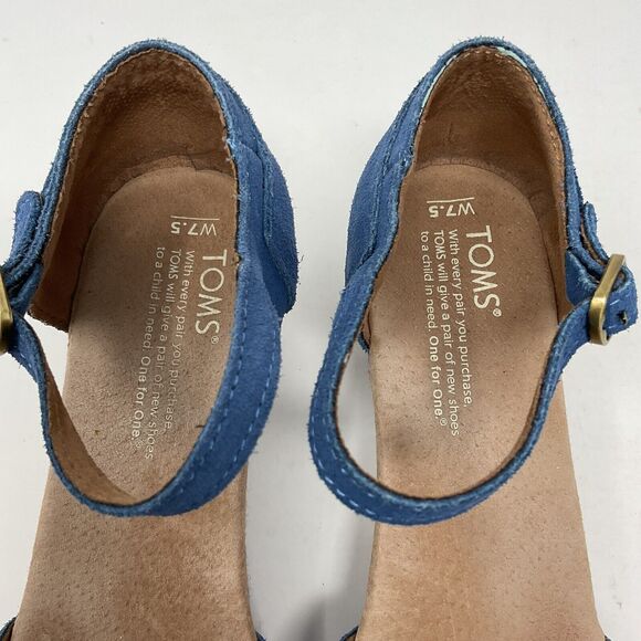 Toms Wedge Heel Shoes 7.5 Blue Suede Geometric Open Toe Sandals Ankle Strap - Picture 9 of 15